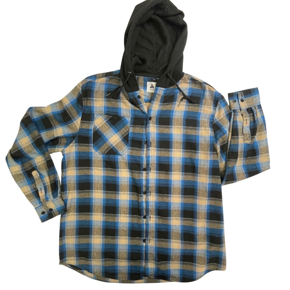 Swiss Well Mens XL Hooded Flannel Shirt Blue Tan Plaid Button Down‎ Hooded